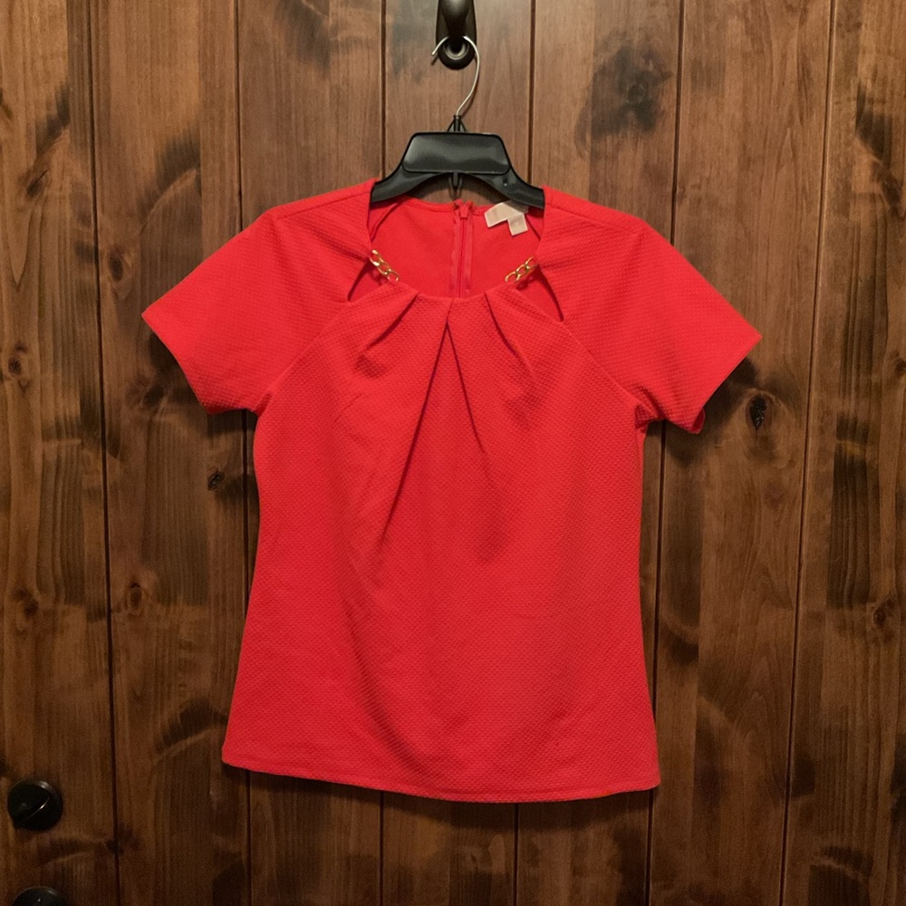 Michael Kors coral Short-Sleeve Pleated Blouse with Gold Accents